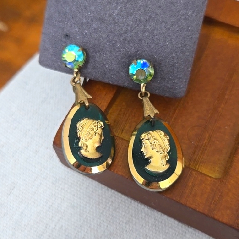 Jeweline 24K Gold Plated Green Glass Cameo Screw Back Earrings